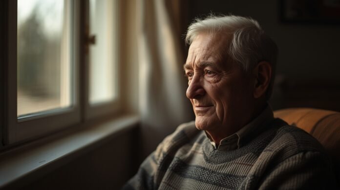 Older adult sitting calmly near a window, reflecting during a quiet moment at home.