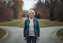 Why Major Life Transitions Feel Harder After 50 Tranquil senior woman walking outdoors in autumn park, embracing graceful aging.