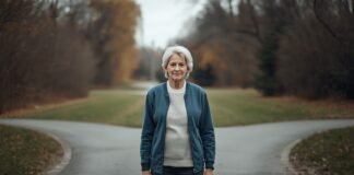Why Major Life Transitions Feel Harder After 50 Tranquil senior woman walking outdoors in autumn park, embracing graceful aging.