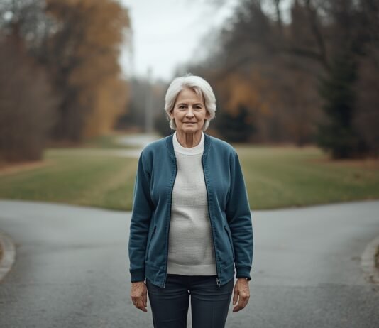 Why Major Life Transitions Feel Harder After 50 Tranquil senior woman walking outdoors in autumn park, embracing graceful aging.