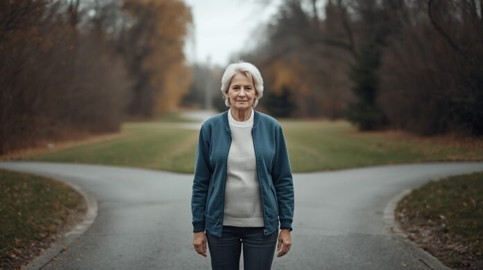 FI-GA50-why-life-transitions-feel-harder-after-50 Tranquil senior woman walking outdoors in autumn park, embracing graceful aging.