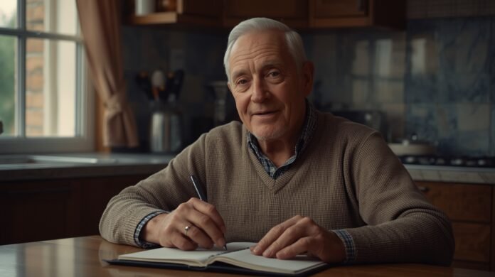 Golden-aged man smiling in kitchen, promoting graceful aging after 50.