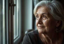 Why Purpose Often Feels Unclear After 50 Peaceful elderly woman looking out of a window, embracing graceful aging after 50.