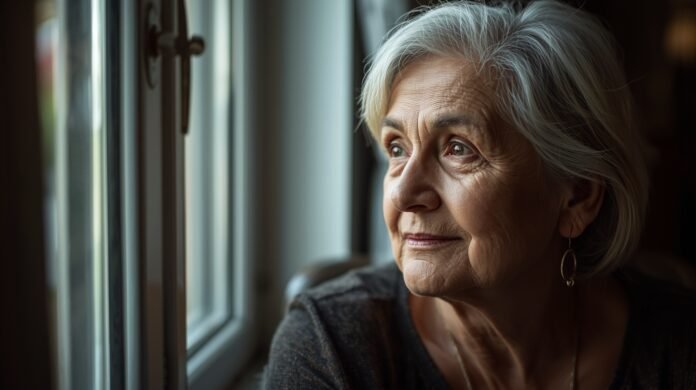 Peaceful elderly woman looking out of a window, embracing graceful aging after 50.
