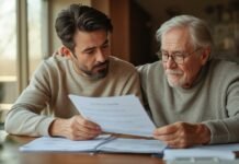 What to Do When You Suddenly Become a Caregiver for a Parent Adult child sitting beside an older parent at a kitchen table, calmly reviewing caregiving paperwork together in warm natural light.