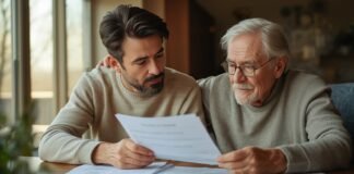 What to Do When You Suddenly Become a Caregiver for a Parent Adult child sitting beside an older parent at a kitchen table, calmly reviewing caregiving paperwork together in warm natural light.