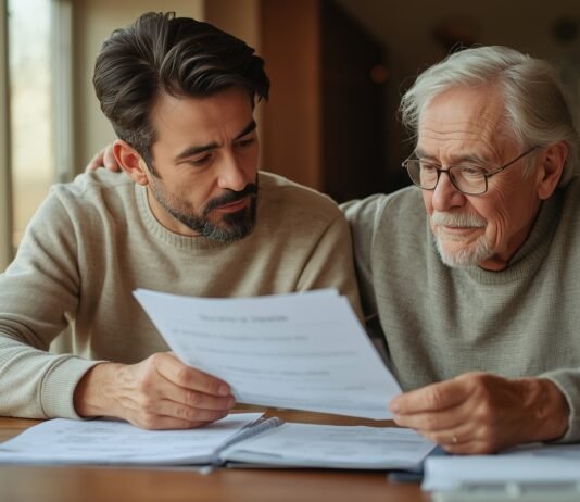 What to Do When You Suddenly Become a Caregiver for a Parent Adult child sitting beside an older parent at a kitchen table, calmly reviewing caregiving paperwork together in warm natural light.