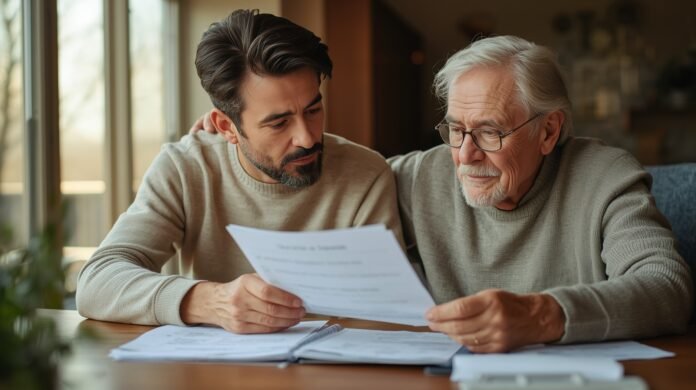 Adult child sitting beside an older parent at a kitchen table, calmly reviewing caregiving paperwork together in warm natural light.