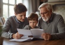 Caregiving for Aging Parents: A Practical, Step-by-Step Framework A senior man and a woman with a young boy reading a book together at home.