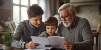 Caregiving for Aging Parents: A Practical, Step-by-Step Framework A senior man and a woman with a young boy reading a book together at home.
