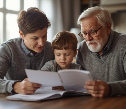 Caregiving for Aging Parents: A Practical, Step-by-Step Framework A senior man and a woman with a young boy reading a book together at home.