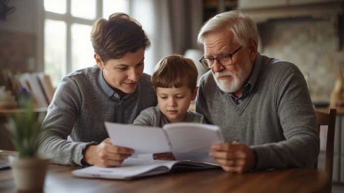 FI-056-caregiving-for-aging-parents A senior man and a woman with a young boy reading a book together at home.