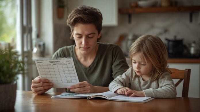 A smiling young man and girl reading a calendar together at home.