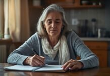 How Caregiving Changes Your Daily Routine A woman in her senior years writing in a notebook at home, embracing graceful aging.