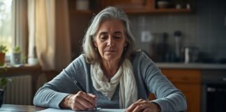 How Caregiving Changes Your Daily Routine A woman in her senior years writing in a notebook at home, embracing graceful aging.