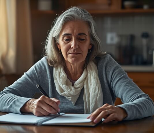 How Caregiving Changes Your Daily Routine A woman in her senior years writing in a notebook at home, embracing graceful aging.