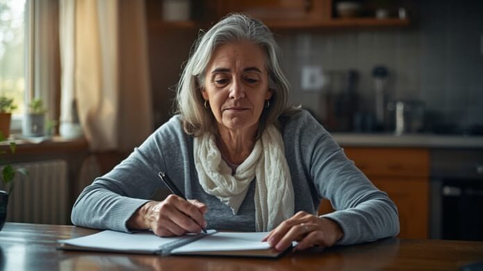 FI-060-caregiving-changes-daily-routine A woman in her senior years writing in a notebook at home, embracing graceful aging.