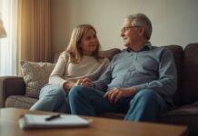 Signs Your Parent May Need More Care Than You Can Provide A smiling young woman and senior man having a heartfelt conversation on a cozy sofa.