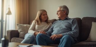 Signs Your Parent May Need More Care Than You Can Provide A smiling young woman and senior man having a heartfelt conversation on a cozy sofa.