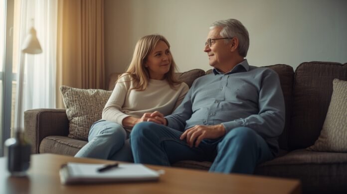 FI-061-signs-parent-needs-more-care A smiling young woman and senior man having a heartfelt conversation on a cozy sofa.