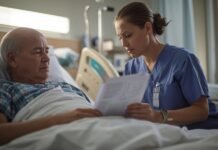 Hospital Discharge Planning Explained: What Families Should Know Adult family member calmly reviewing discharge papers with a nurse at a hospital bedside in soft natural light.