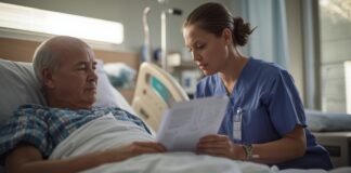 Hospital Discharge Planning Explained: What Families Should Know Adult family member calmly reviewing discharge papers with a nurse at a hospital bedside in soft natural light.