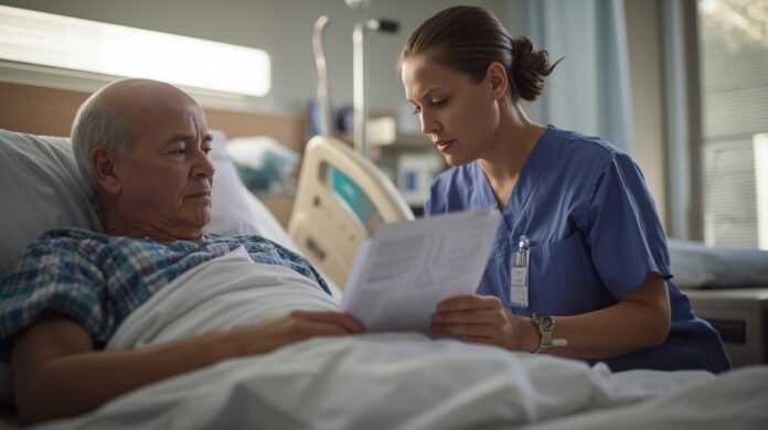 FI-062-hospital-discharge-planning-explained Adult family member calmly reviewing discharge papers with a nurse at a hospital bedside in soft natural light.