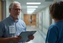 Questions to Ask Before Bringing an Elderly Parent Home From the Hospital Older man and healthcare professional having a discussion in a hospital corridor.