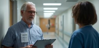Questions to Ask Before Bringing an Elderly Parent Home From the Hospital Older man and healthcare professional having a discussion in a hospital corridor.