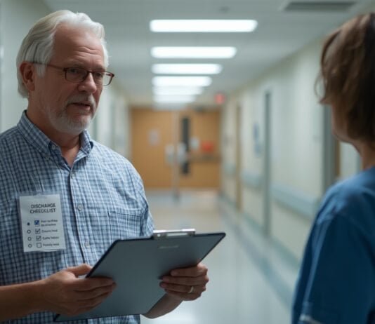 Questions to Ask Before Bringing an Elderly Parent Home From the Hospital Older man and healthcare professional having a discussion in a hospital corridor.