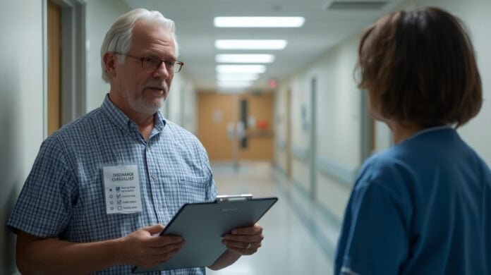 FI-063-questions-before-parent-home-hospital Older man and healthcare professional having a discussion in a hospital corridor.