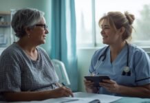 How to Advocate for an Elderly Parent in the Hospital Older woman and nurse having a friendly conversation in a medical office, healthcare, aging graceful.