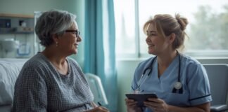 How to Advocate for an Elderly Parent in the Hospital Older woman and nurse having a friendly conversation in a medical office, healthcare, aging graceful.