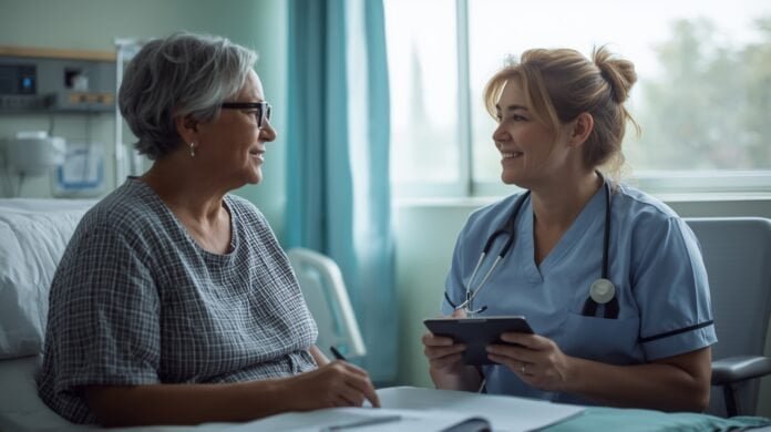 Older woman and nurse having a friendly conversation in a medical office, healthcare, aging graceful.