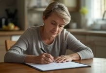 Skilled Nursing vs Rehab vs Home Health: What’s the Difference? A woman writing in a notebook at a kitchen table, focused and thoughtful.