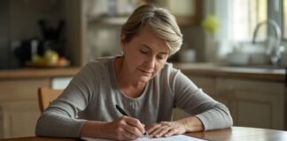 Skilled Nursing vs Rehab vs Home Health: What’s the Difference? A woman writing in a notebook at a kitchen table, focused and thoughtful.