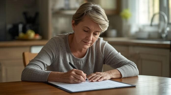 FI-065-skilled-nursing-vs-rehab-vs-home-health A woman writing in a notebook at a kitchen table, focused and thoughtful.
