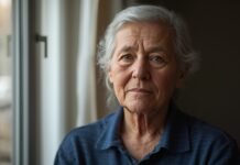 Understanding Emotional Regulation and Stability After 50 Aging woman with gray hair looking thoughtfully by window for graceful aging after 50.