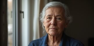 Understanding Emotional Regulation and Stability After 50 Aging woman with gray hair looking thoughtfully by window for graceful aging after 50.