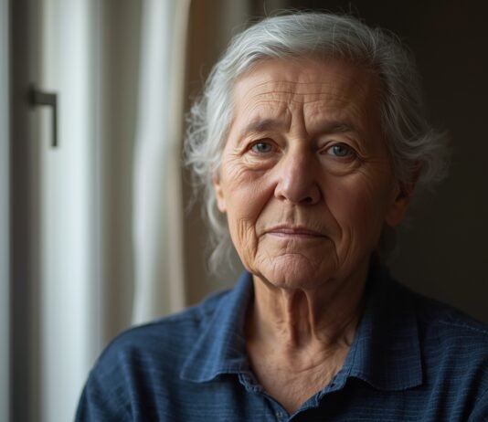 Understanding Emotional Regulation and Stability After 50 Aging woman with gray hair looking thoughtfully by window for graceful aging after 50.