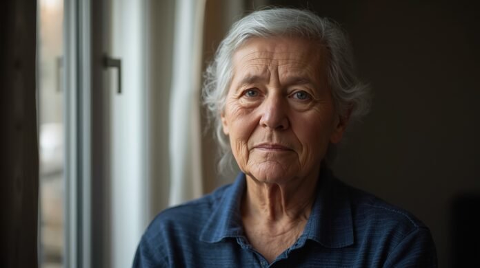 Aging woman with gray hair looking thoughtfully by window for graceful aging after 50.