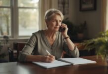 When Should You Get Power of Attorney for an Aging Parent? A woman in her senior years talking on the phone while writing in a notebook at home.