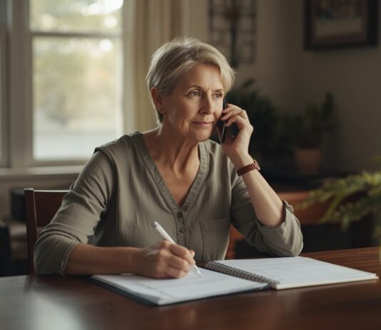 When Should You Get Power of Attorney for an Aging Parent? A woman in her senior years talking on the phone while writing in a notebook at home.