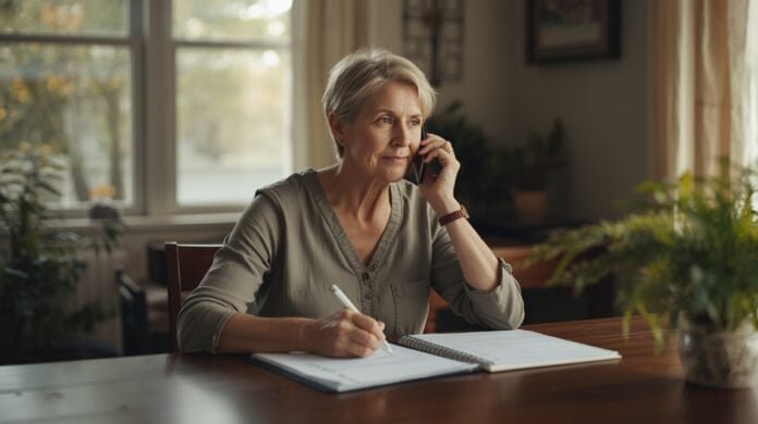 A woman in her senior years talking on the phone while writing in a notebook at home.