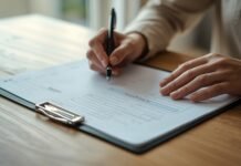 What Is a Healthcare Proxy and When Do You Need One? A woman filling out a health or wellness form at a wooden desk, promoting aging gracefully after 50.