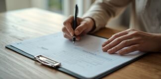 What Is a Healthcare Proxy and When Do You Need One? A woman filling out a health or wellness form at a wooden desk, promoting aging gracefully after 50.
