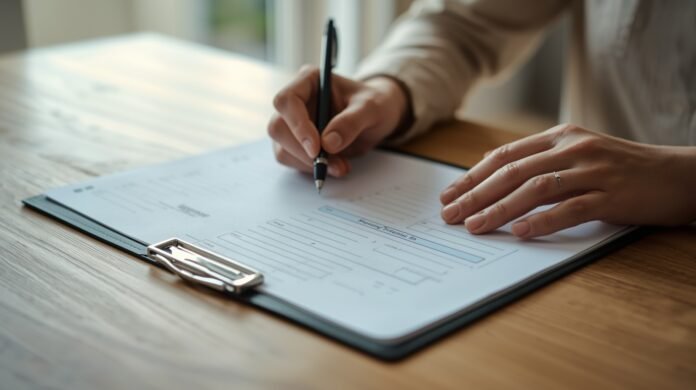 A woman filling out a health or wellness form at a wooden desk, promoting aging gracefully after 50.
