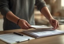Important Financial Documents to Gather When Caregiving Begins A woman organizing documents on a wooden desk for graceful aging after 50.