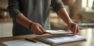 Important Financial Documents to Gather When Caregiving Begins A woman organizing documents on a wooden desk for graceful aging after 50.