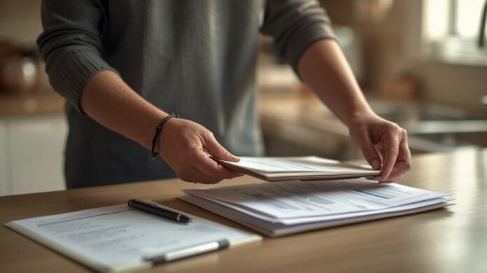 FI-068-financial-documents-caregiving-start A woman organizing documents on a wooden desk for graceful aging after 50.